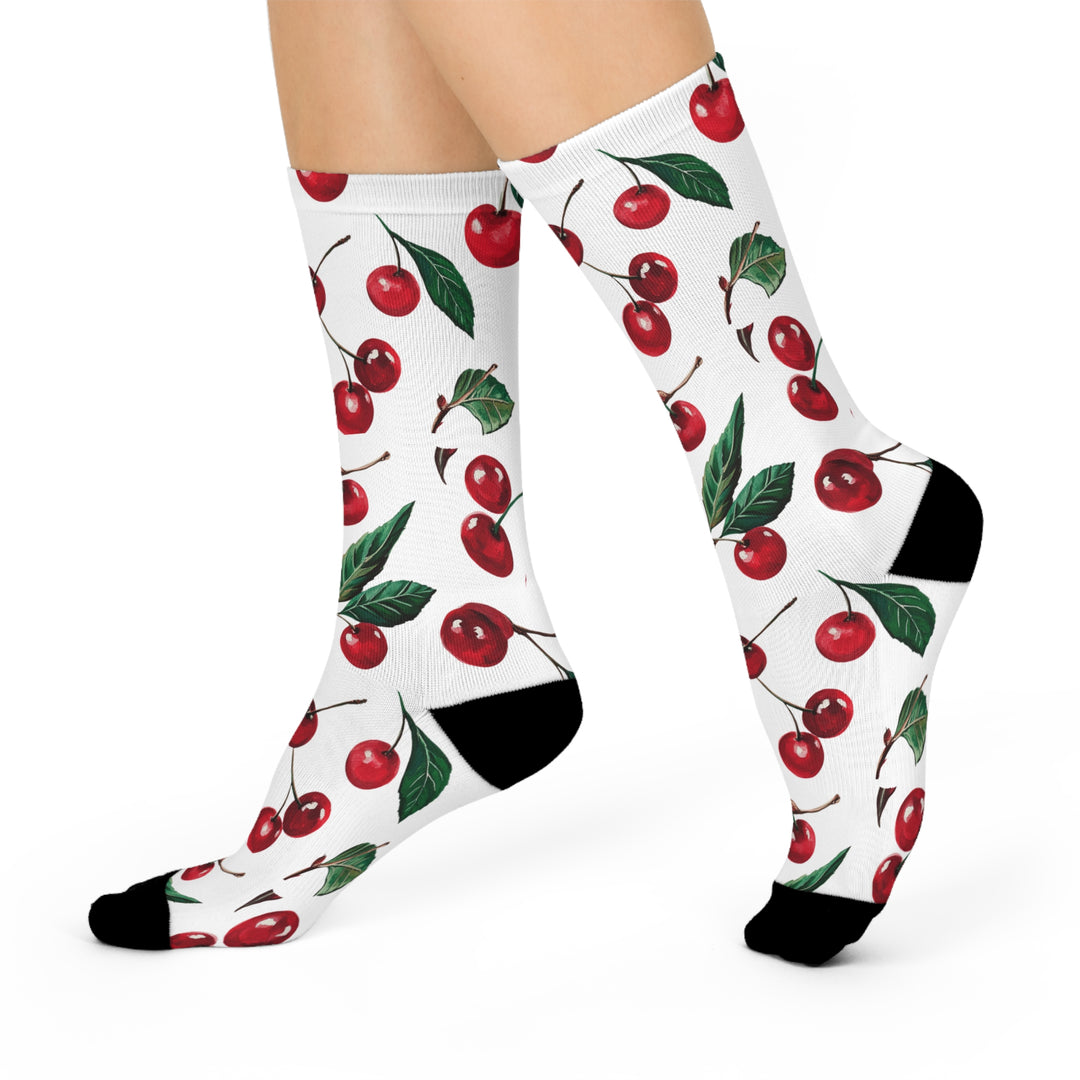 Cherry Themed Cushioned Crew Socks, Cherry Socks - Brachjoyllc