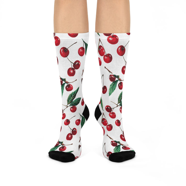 Cherry Themed Cushioned Crew Socks, Cherry Socks - Brachjoyllc