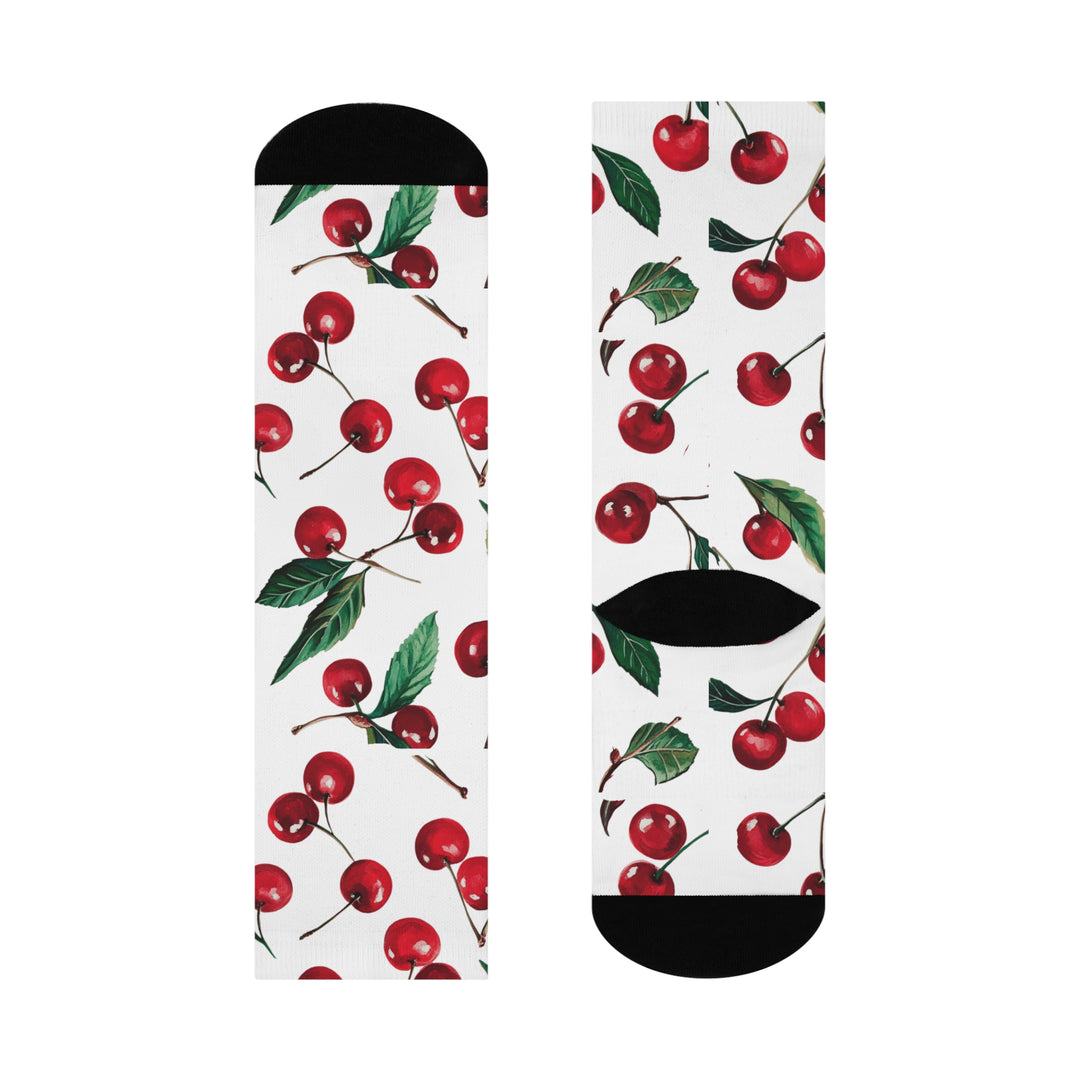 Cherry Themed Cushioned Crew Socks, Cherry Socks - Brachjoyllc